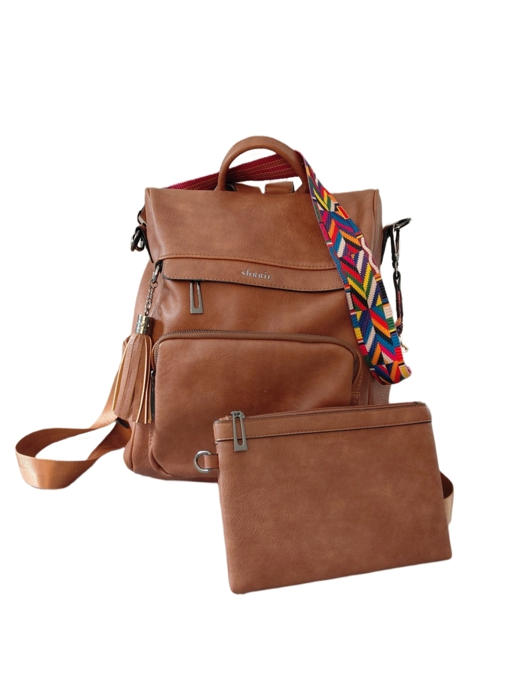 Brown Vegan Leather Backpack with Removable Pouch and Colorful Strap